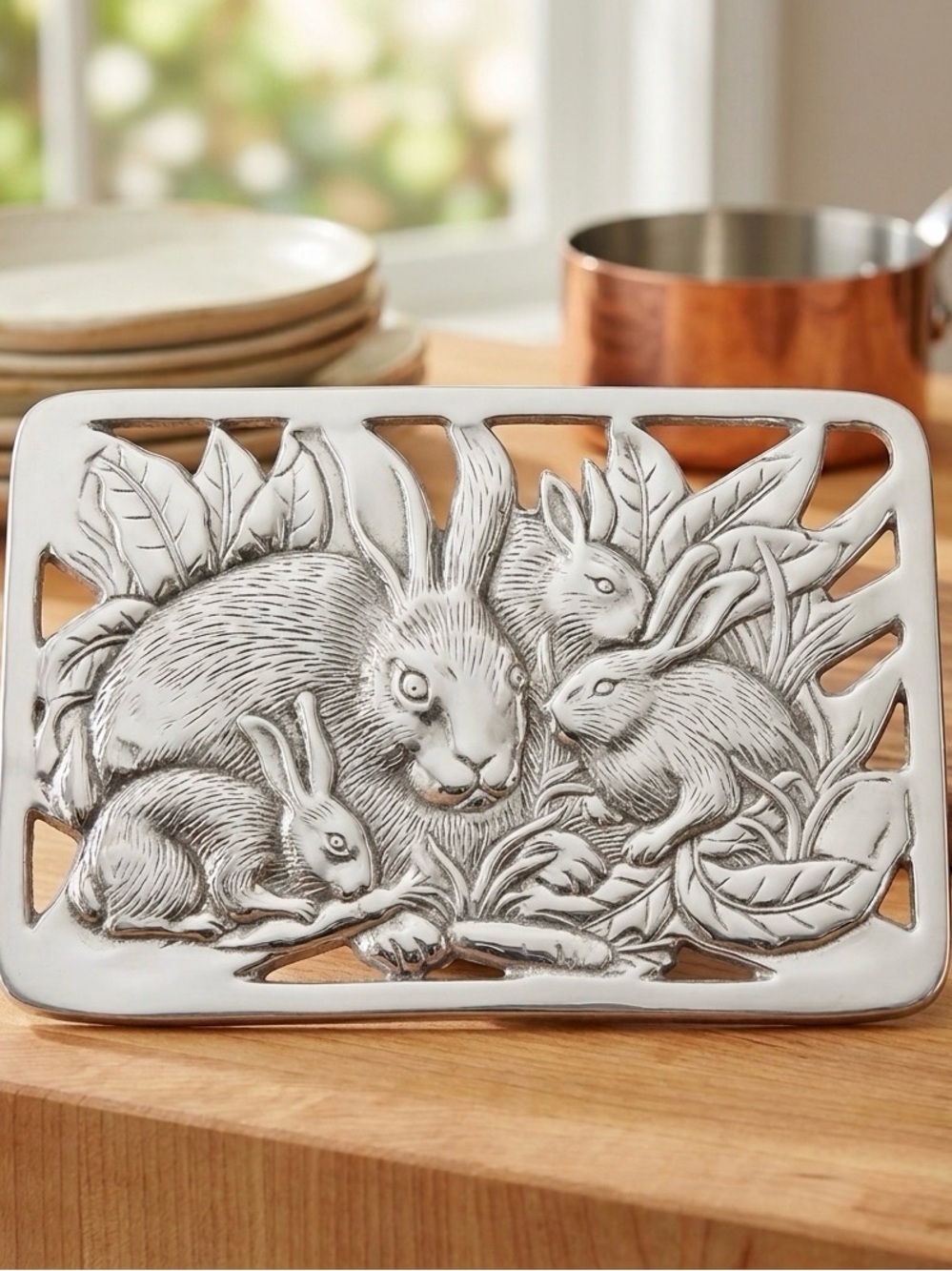 Vintage Arthur Court Silver metal Rabbit Family hot plate
